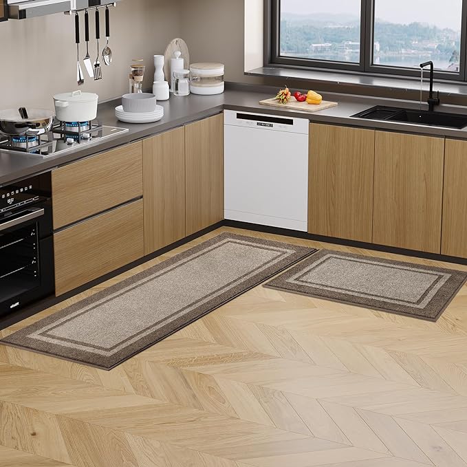 Kitchen Rugs Set (24" x 36"+24" x 60"), Non-Slip Machine Washable Kitchen Runner Rugs Floor Mats, Absorbent Comfort Standing Mats for Kitchen, Sink and Hallway, Rolled Packaging, Beige & Grayish Brown