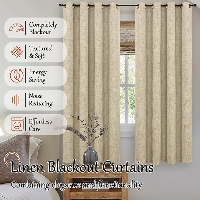 Faux 100% Blackout Curtains for Bedroom 63 Inch Length 2 Panels, Thermal Insulated Total Light Blocking Noise Reducing Linen Window Curtains for Nursery, Bronze Grommet, Each 52" Wide, Burlap