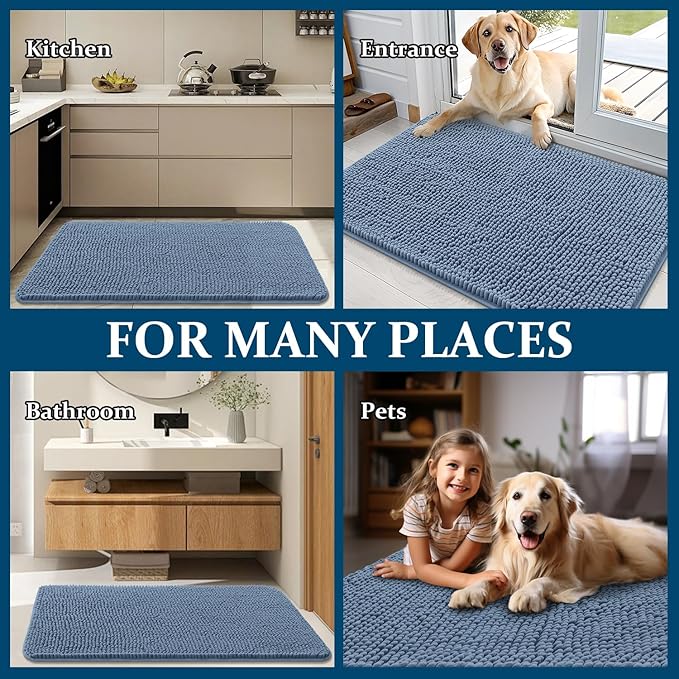 OLANLY Dog Door Mat for Muddy Paws 35x24, Absorbs Moisture and Dirt, Absorbent Non-Slip Washable Doormat, Quick Dry Chenille Mud Mat for Dogs, Entry Indoor Entryway Carpet for Inside Floor, Airy Blue