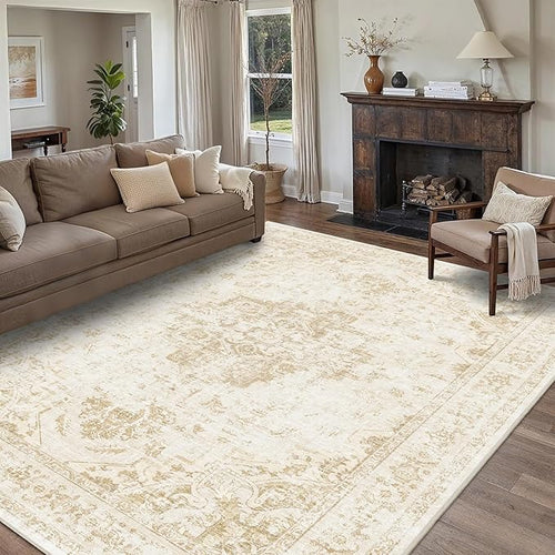 9x12 Vintage Washable Area Rugs Boho Medallion Large Distressed Retro Accent Carpet Floral Non-Slip Soft Low Pile Indoor Throw Rug for Living Room Bedroom Dining Room Office Kitchen, Beige