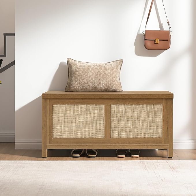 SICOTAS Rattan Storage Chest - 39.4" Storage Bench for Bedroom, Boho Storage Truck with 2 Safety Hinges and Flip Top for Living Room Entryway, Supports 220 lb, Oak