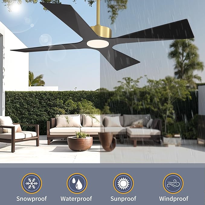 WINGBO 64" Wet Rated Outdoor Ceiling Fan with Lights, 4 ABS Plastic Blades, Reversible DC Motor, 6-Speed Remote Control, 3 CCT, Waterproof Ceiling Fan for Patio Porch Gazebo Garage, Brass and Black