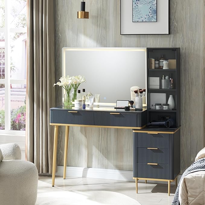T4TREAM Fluted Makeup Vanity Desk with 36" HD Lighted Mirror, 48" Big Modern Vanity Desk with Mirror and Lights, Dressing Table with 5 Drawers & Shelves, Glass Top for Bedroom, Dark Grey