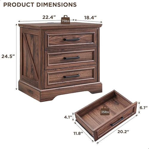 ACCOHOHO Farmhouse Nightstand with Charging Station, 22 Inch Wide End Table with 3 Large Drawers & Bar Handles, Rustic Wood Small Dresser Chest of Drawers for Bedroom, Living Room, Closet, Brown