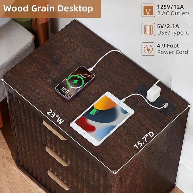 LEYAOYAO 23" Wide Fluted Night Stand with Charging Station, 3 Drawers Large End Table with Storage, Walnut Nightstand Wood Bedside Tables, Farmhouse Cabinet Dresser for Bedroom, Closet