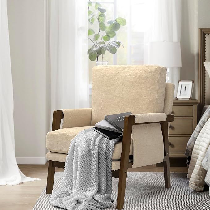 Beige Accent Chair for Bedroom & Living Room, Mid Century Modern Accent Arm Chair, Upholstered Anthropologie Accent Chair with Solid Wood Frame, Fabric