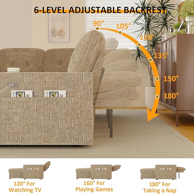 117" Sleeper Sofa Bed, U-Shaped Sofa with Dual Reversible Storage Chaise | Adjustable Backrest | Wide Armrest, Sectional Couches for Living Room, 4 in 1 Pull Out Couch Bed, Khaki Chenille