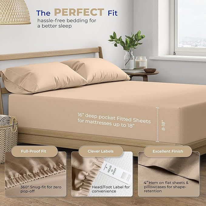 THREAD SPREAD 400TC California King 100% Cotton Bed Linen Set - 4Piece Sateen Sheet Set, Deep Pockets, Taupe (05)