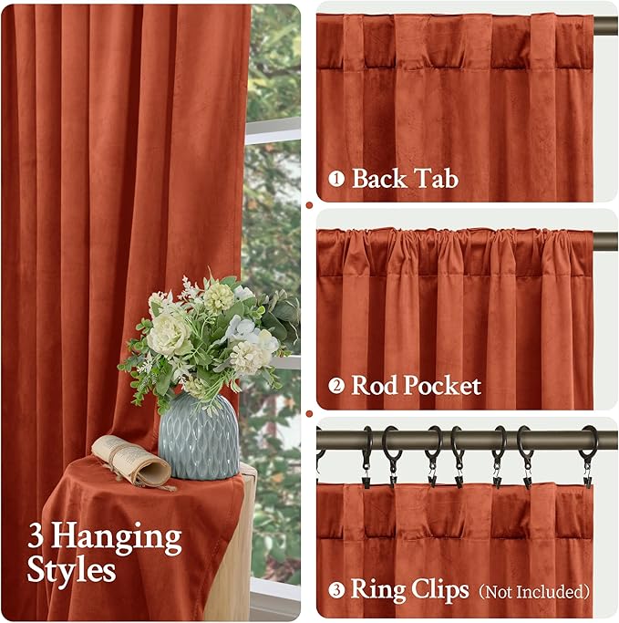 LAMIT Velvet Curtains 102 Inch for Living Room, Terracotta Thermal Room Darkening Panels Rustic Vintage Back Tab and Rod Pocket Drapes for Bedroom/Farmhouse/Dining Room, 2 Panels, 52 x 102 Inch