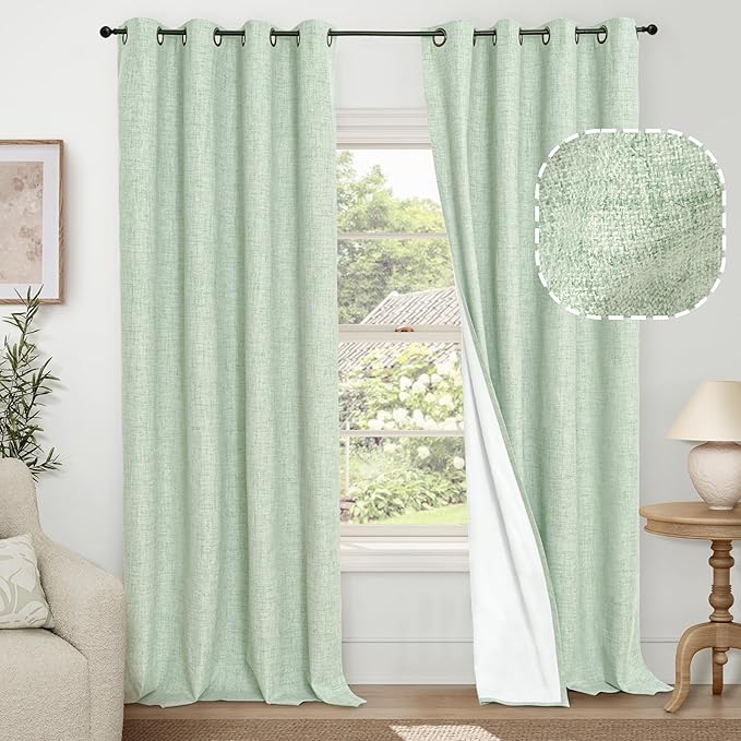 Sage Green Blackout Curtains for Bedroom - Linen Curtains 90 Inch Length Thermal Insulated Privacy Burlap Boho Window Drapes for Living Room Scandi Farmhouse Dining, 2 Panels, Each 52" Wide