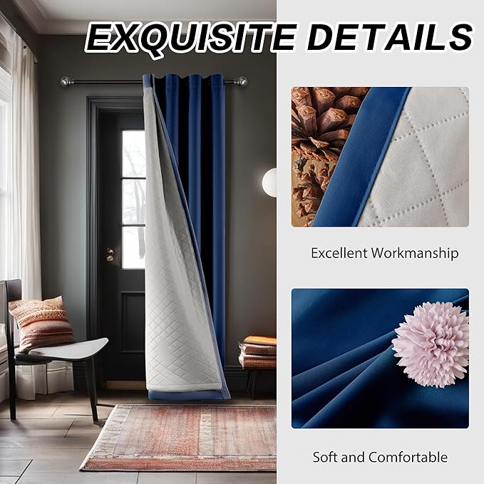 3 Layers Soundproof Curtains Grommet Full Blackout Curtains with Thermal Insulation Curtains Noise and Heat Reduction for Bedroom Living Room 50”widthx108”Length Inch Navy Blue 1 Panel