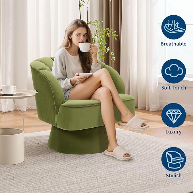 GarveeHome Modern Swivel Barrel Accent Chair, 360 Degree Velvet Upholstered Armchair with Striped Backrest & Plush Padding, Comfy Round Lounge Chair for Living Room, Bedroom, Reading Nook, Green