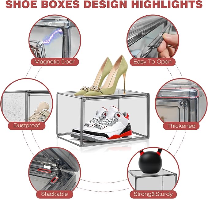 4 Pack Grey Large Shoe Storage Boxes Clear Plastic Stackable Shoe Display Case with Magnetic Door, Easy Assembly Fit up to US Size 13