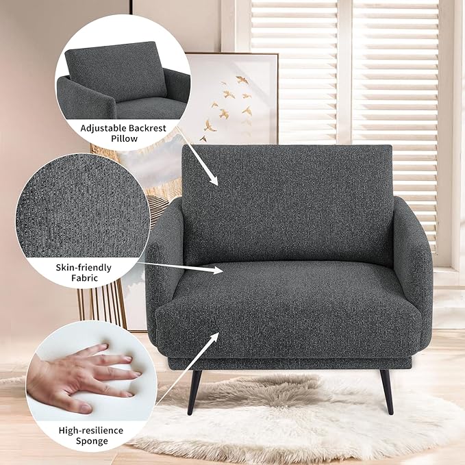Oversized Accent Chair for Living Room Cozy Reading Chairs Mid-Century Modern Accent Chairs Armchair with Metal Legs Single Sofa Chair for Home Office (1-PCS, Chenille Fabric- Dark Grey)