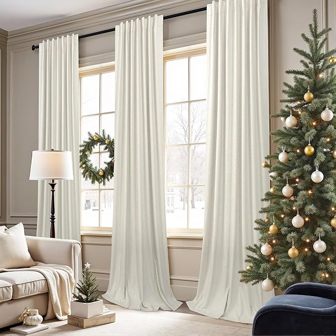 Total Blackout Curtains 96 Inches Long for Bedroom 2 Panel Cute Black Out Curtains for Living Room Light Blocking Thermal Noise Reduction Linen Textured Rustic Country 8ft Back Tab Pleated Cream Ivory