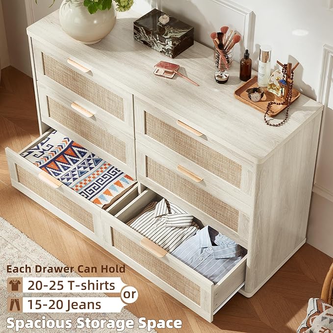 LEYAOYAO Rattan Dresser and Nightstand Set of 3, Boho Wood Dresser for Bedroom with 6 Drawers and Night Stand with Charging Station, Bedroom Furniture, Dressers & Chests of Drawers,Hallway,Living Room