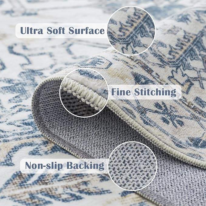 jinchan Lima 2x3 Washable Rug for Entryway - Vintage Floral Ultra-Thin Low Pile Soft Small Non Slip Distressed Indoor Door mat Accent Area Rug for Entrance Kitchen Bathroom Bedroom (2x3ft, Blue)