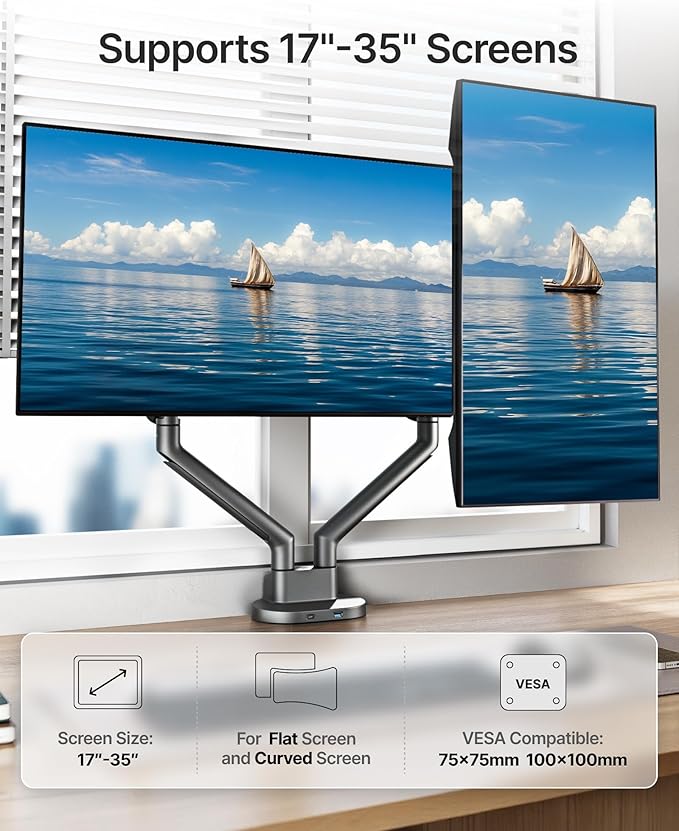 monTEK Dual Monitor Stand Mount with USB for Up to 35" Screens, Each Arm Holds Max 24.3lbs, Full Motion Adjustable Monitor Arm Desk Mount with C-Clamp/Grommet, VESA 75/100mm, Space Gray, MA1010UCDG-D