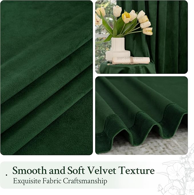 LAMIT Velvet Curtains 108 Inch for Living Room, Thermal Room Darkening Panels Noise Reducing Back Tab and Rod Pocket Christmas Drapes for Bedroom, Set of 2 Panels, Emerald Green, 52 x 108 Inch