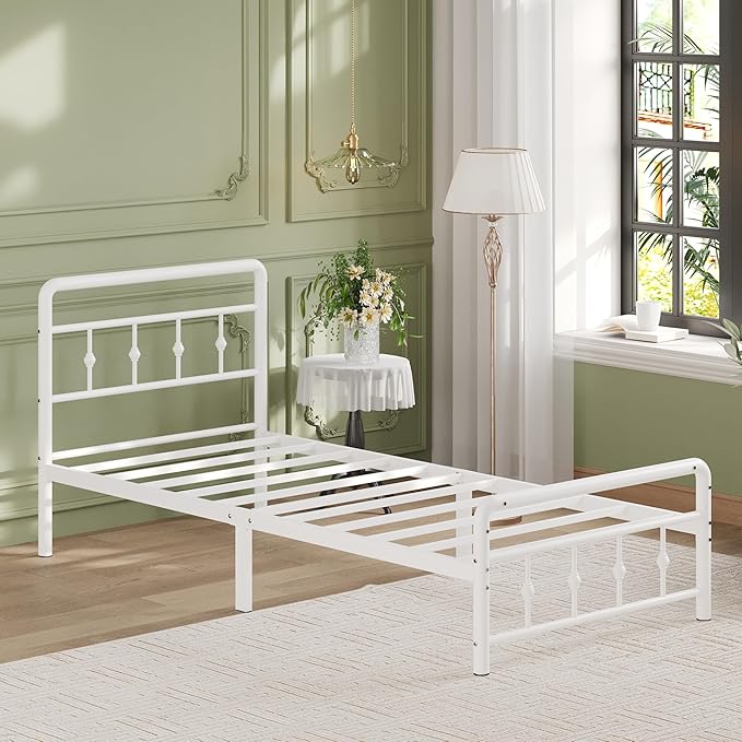 12 Inch Twin Bed Frames with Headboard and Footboard, Heavy Duty Twin Metal Mattress Foundation No Box Spring Needed, Noise Free, Easy Assembly, White