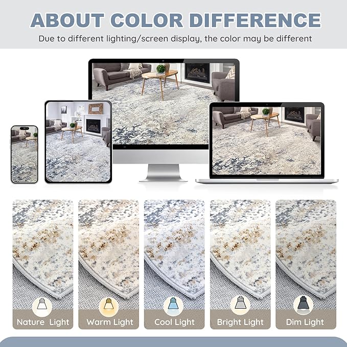 Area Rug Living Room Rugs - 4x6 Abstract Large Soft Indoor Washable Rug Neutral Modern Low Pile Carpet for Bedroom Dining Room Farmhouse Home Office - Beige Blue