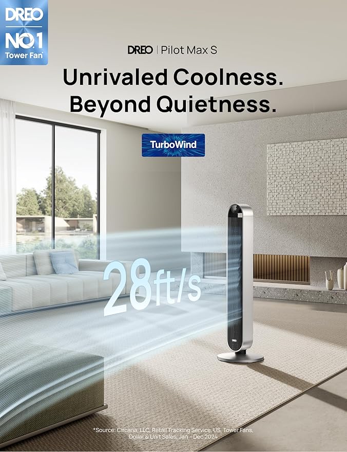 DREO Tower Fan for Bedroom, 42 Inch 120° Oscillating Fan, 25dB Quiet DC Motor, 28ft/s Velocity Bladeless Standing Fan with 12 Speeds, 4 Modes, 12H Timer Cooling Fans for Home, Living Room, Pilot Max S
