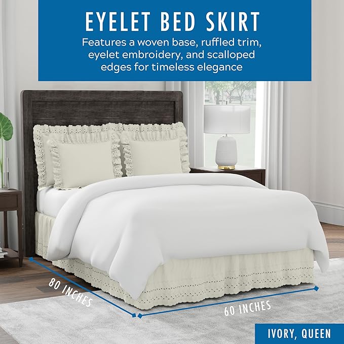 Fresh Ideas Eyelet Bed Skirt, Ruffled Design, 14 Inch Drop, Embroidered Scalloped Edge, Queen, Ivory