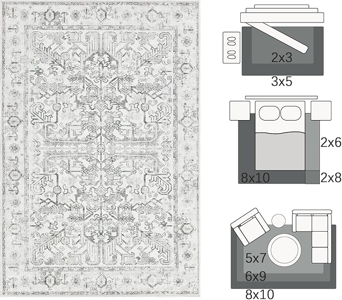 jinchan Lima Washable Area Rug 3x5 Entryway Rug - Distressed Vintage Floral Ultra-Thin Low-Pile Soft Non-Shedding Indoor Floor Carpet for Kitchen Bedroom Entrance Laundry Living Room (3x5ft, Grey)