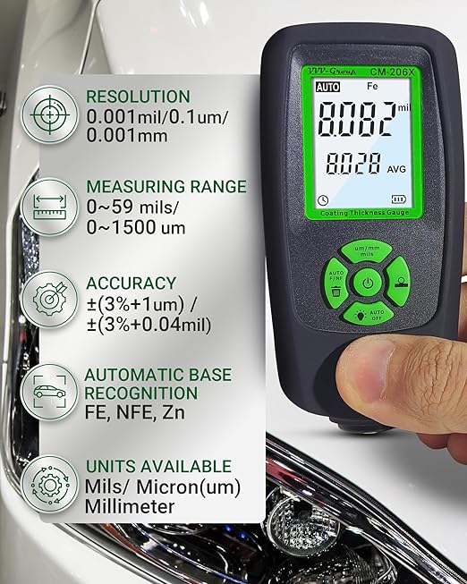 VVV-Group Paint Thickness Gauge CM-206X | Coating Thickness Meter Fe/Al/Zn | Auto Paint Depth Gauge Car Tester with High-Precision Probe, Multi-Unit Display & Auto Calibration