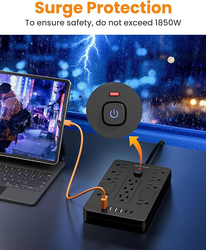 Bawmwim Surge Protector Power Strip - 11 Outlets(1850W/15A) with 6 USB Ports(2 USB C), 10FT Flat Plug Extension Cord, Wall Mount, Black, ETL Listed for Home, Dorm Room