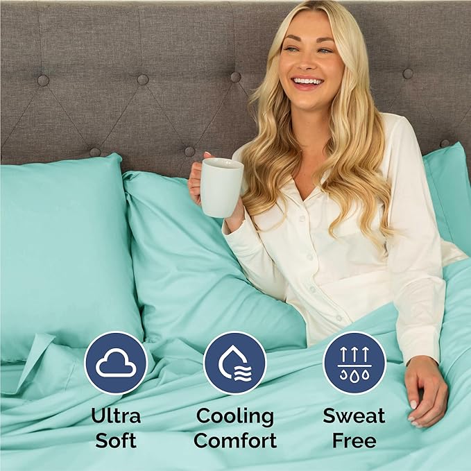 Full 6 Piece Sheet Set - Cooling, Comfy & Breathable - Hotel Luxury Bedding, Includes Fitted Sheet for Women, Men, Kids and Teens - 1 Flat, 1 Fitted Sheet, 4 Pillowcases with Deep Pockets - Spa Blue