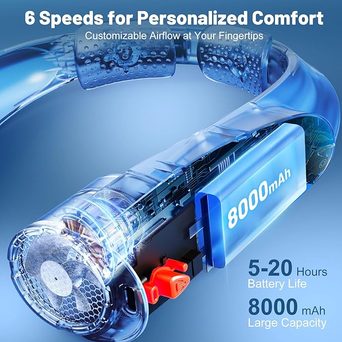 AI Portable Neck Fan with 6 Powerful Speeds, 8000mAh Battery Operated USB-C Rechargeable Fan, Hands-Free 360° Cooling Neck Fan,Ultra-Quiet Personal Fan for Women Men Office Travel(Orange-Blue)