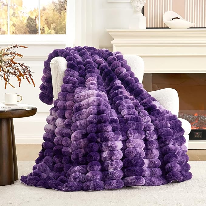 Cozy Bliss Faux Fur Throw Blanket for Couch, Cozy Warm Plush Striped Blanket for Sofa Bedroom Living Room, 60 * 80 Inches Tie-dye Purple