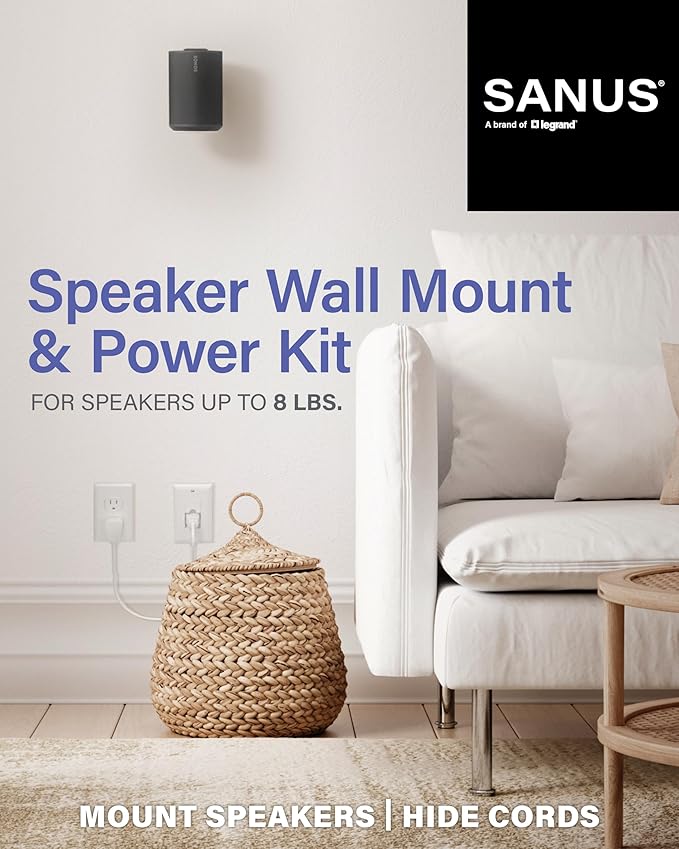 SANUS Speaker Wall Mount + Power Kit - Universal Speaker Mount Tilts, Swivels & Hides Cords Behind Wall w/ 10ft ETL Certified Cable - DIY Install Works w/Sonos Era 100 & Satellite Speakers up to 8lbs