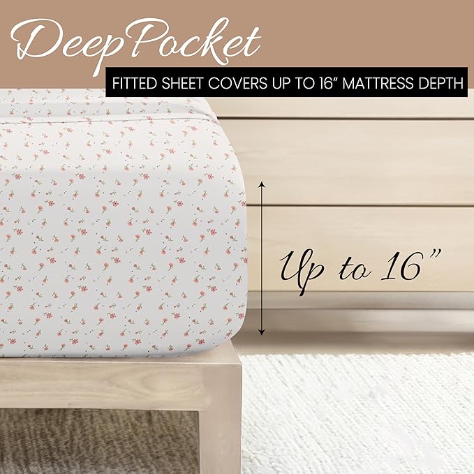 Linen Market Double-Brushed Patterned Microfiber Full Sheet Set 4 Piece – Oeko-TEX Certified Ultra Soft & Wrinkle-Free - 16" Deep Pocket Sheets - Easy Care Full Size - Soft Floral Pink