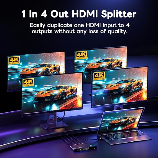 JCHICI HDMI Splitter 1x4 for PS5/Xbox/Apple TV - 4K@60Hz HDMI Switcher Splitter with HDR10 & Dolby Vision, 1 in 4 Out with EDID Modes (Auto/Copy/Downscale), HDCP 2.2, 18Gbps for Home Theater