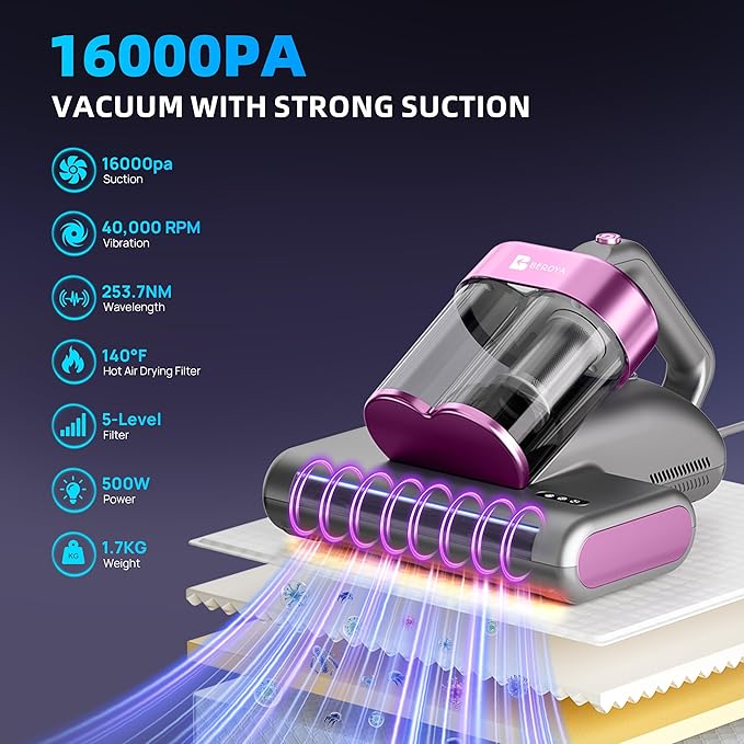 Beroya Mattress Vacuum Cleaner UVC 253.7nm Light with 16Kpa Strong Suction, 145°F Heat, Ultrasonic, HEPA Filter, Versatile Bed, Pillow and Couch Vacuum Cleaner (16.4ft Corded, 500W)
