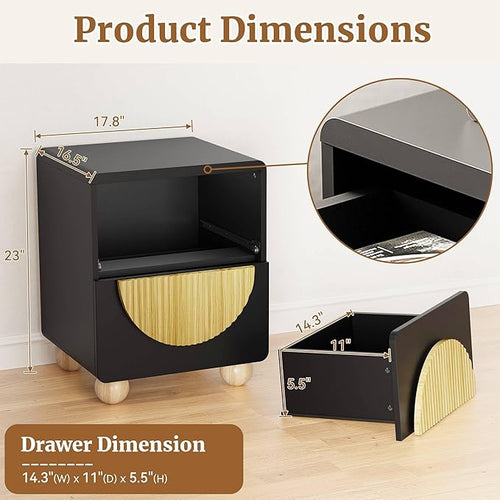 23" Black Nightstand with Solid Wood Legs Set of 2, Modern Style Fluted Bedside Table with Round Moon Handle & Storage, Mid Century Night Stand for Bedroom, Side Table, End Table
