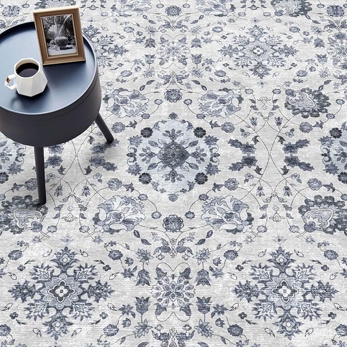 vivorug 8x10 Area Rugs, Stain Resistant Washable Rug for Living Room, Floral Rug Vintage Inspired (Ivory/Blue, 8'x10')