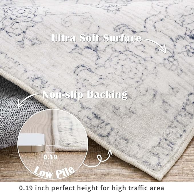 jinchan 2x3 Washable Rugs for Entryway - Kitchen Mats Vintage Floral Ultra-Thin Low Pile Soft Throw Small Non-Slip Distressed Doormat Accent Rug for Entrance Bathroom Bedroom (2'x3', Ivory)