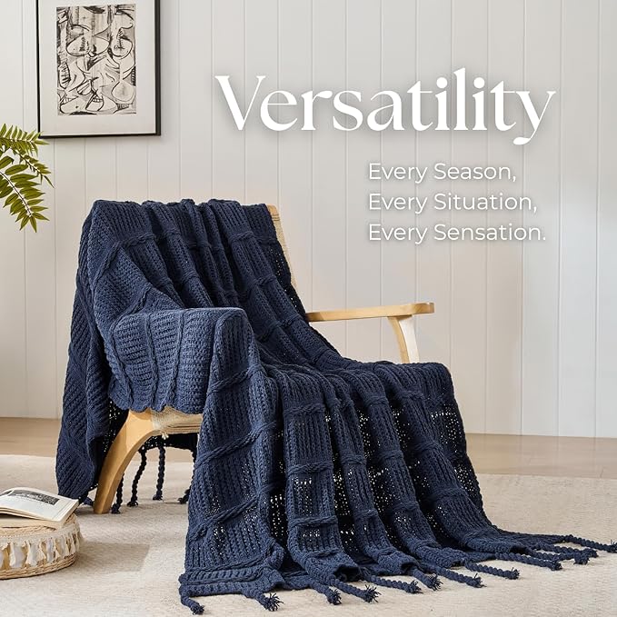 Boho Knitted Chenille Blanket with Tassels - Lightweight & Soft All-Season Throw - 3D Classic Pattern for Living Room Bedroom Couch, Royal Blue, Throw 50"x60"