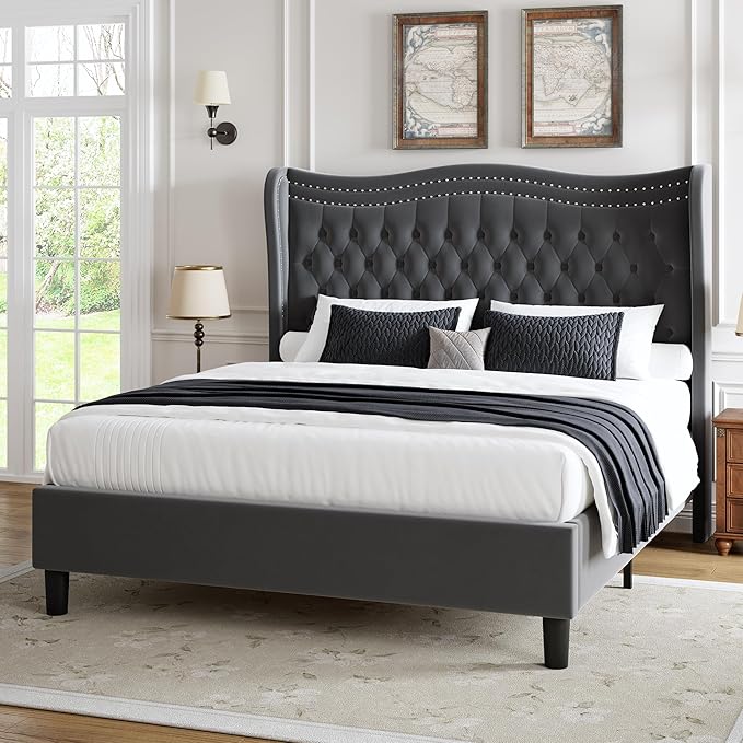 Upholstered Full Size Bed Frame with Tall Headboard, Velvet Wingback Platform Bed Frame with Deep Button Tufted, No Box Spring Needed, Noise Free, Grey