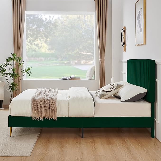 Queen Platform Bed Frame, Velvet Upholstered Bedframe with Vertical Channel Adjustable Headboard, Golden Plating Trim, Mattress Foundation with Wooden Slats, No Box Spring Needed, Green