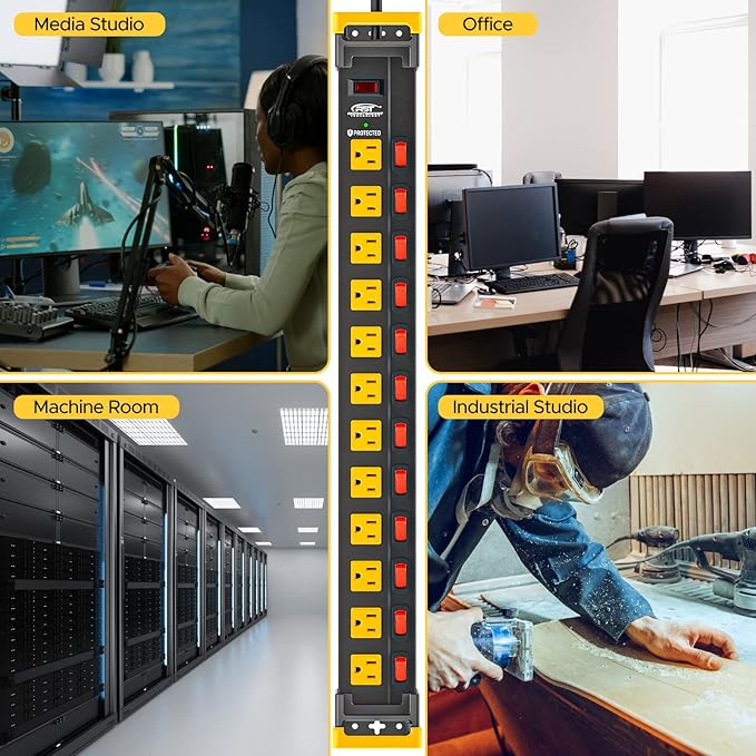 CRST 12 Outlet Heavy Duty Metal Power Strip with Individual Switches, 9FT Surge Protector Power Strip with Cord Managment, 15A/1875W 1020J Wide Spaced Outlets for Garage, Workshop, Home, School