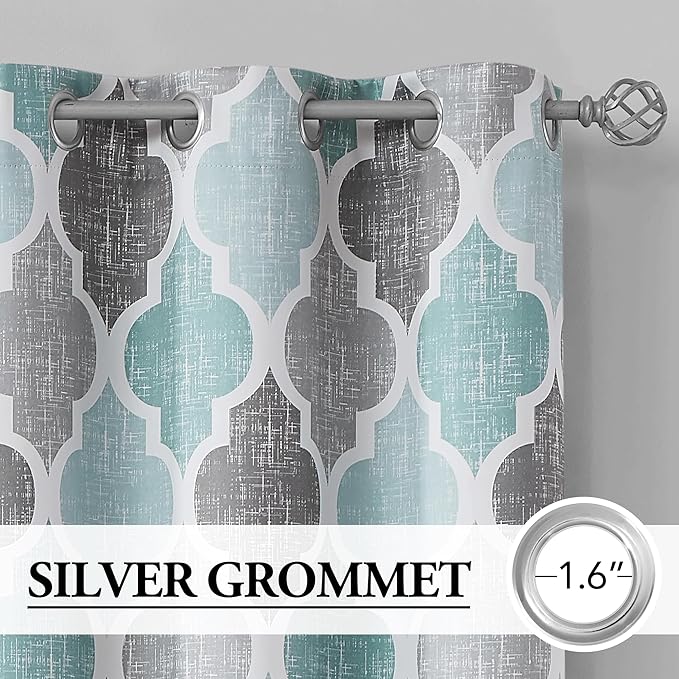 Beauoop 100% Blackout Curtains 54 Inches Long 2 Panels for Bedroom Living Room Aqua Grey Moroccan Geo Room Darkening Thermal Insulated Soundproof Grommet Top Window Treatments Drapes, 50x54 Set of 2