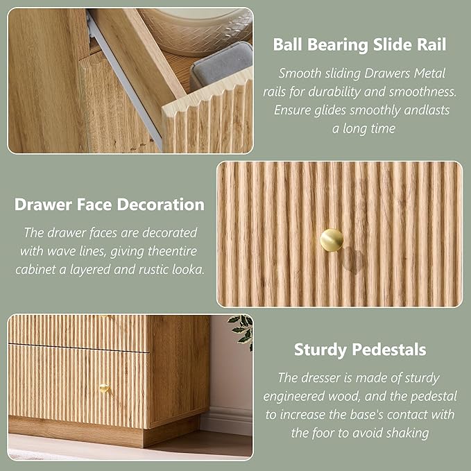 Fluted Dresser for Bedroom, 48" H 7 Drawer Dressers, Wood Tall Dresser Storage Organizer, Modern Bedroom Chest with Deep Storage for Closet Hallway, Entryway, Living Room Natural