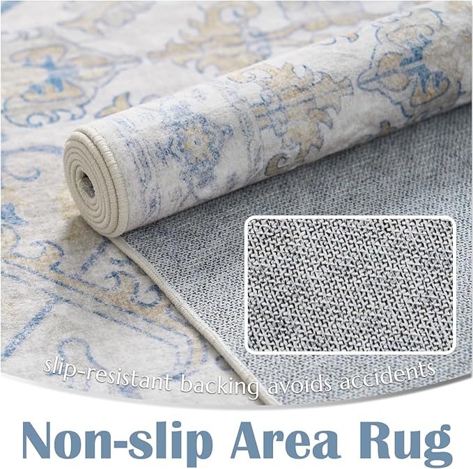 jinchan Hallway Runner Rug 3x10 Machine Washable - Vintage Floral Non-Slip Low-Pile Soft Ultra-Thin Faux Wool Kitchen Rug Distressed Carpet Runner for Farmhouse Bedroom Laundry Room (3x10ft, Blue)