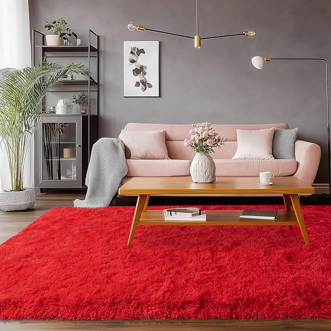5x7 Red Rugs for Bedroom, Soft Fluffy Shaggy Rugs for Living Room, Non-Slip Modern Indoor Fuzzy Shag Floor Rug for Home Decor Aesthetic