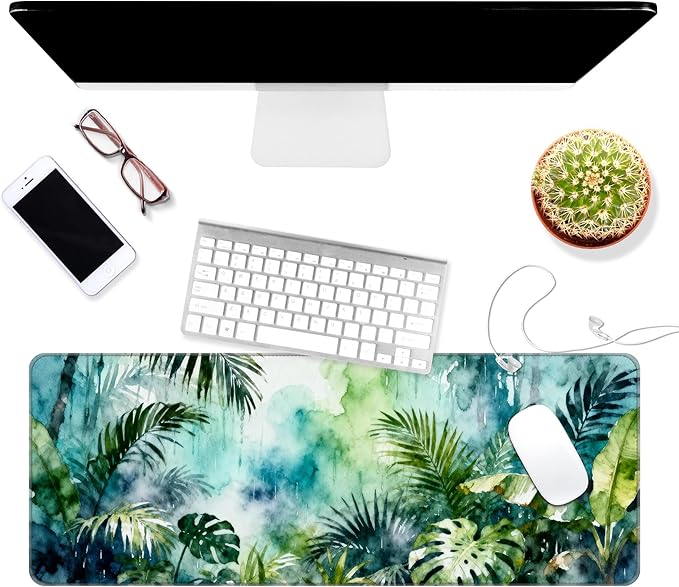 Dynippy Thin Extended Gaming Mouse Pad （31.5 * 11.8 * 0.08 inch） with Stitched Edges Large, Long XXL Keyboard and Mouse pad Desk Mat for Gaming Office & Home -Watercolor Jungle Rain