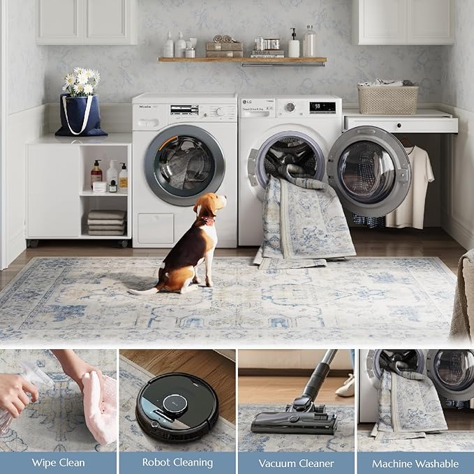 jinchan Hallway Runner Rug 2x10 Machine Washable - Vintage Floral Non-Slip Low-Pile Soft Ultra-Thin Faux Wool Kitchen Rug Distressed Carpet Runner for Farmhouse Bedroom Laundry Room (2x10ft, Blue)
